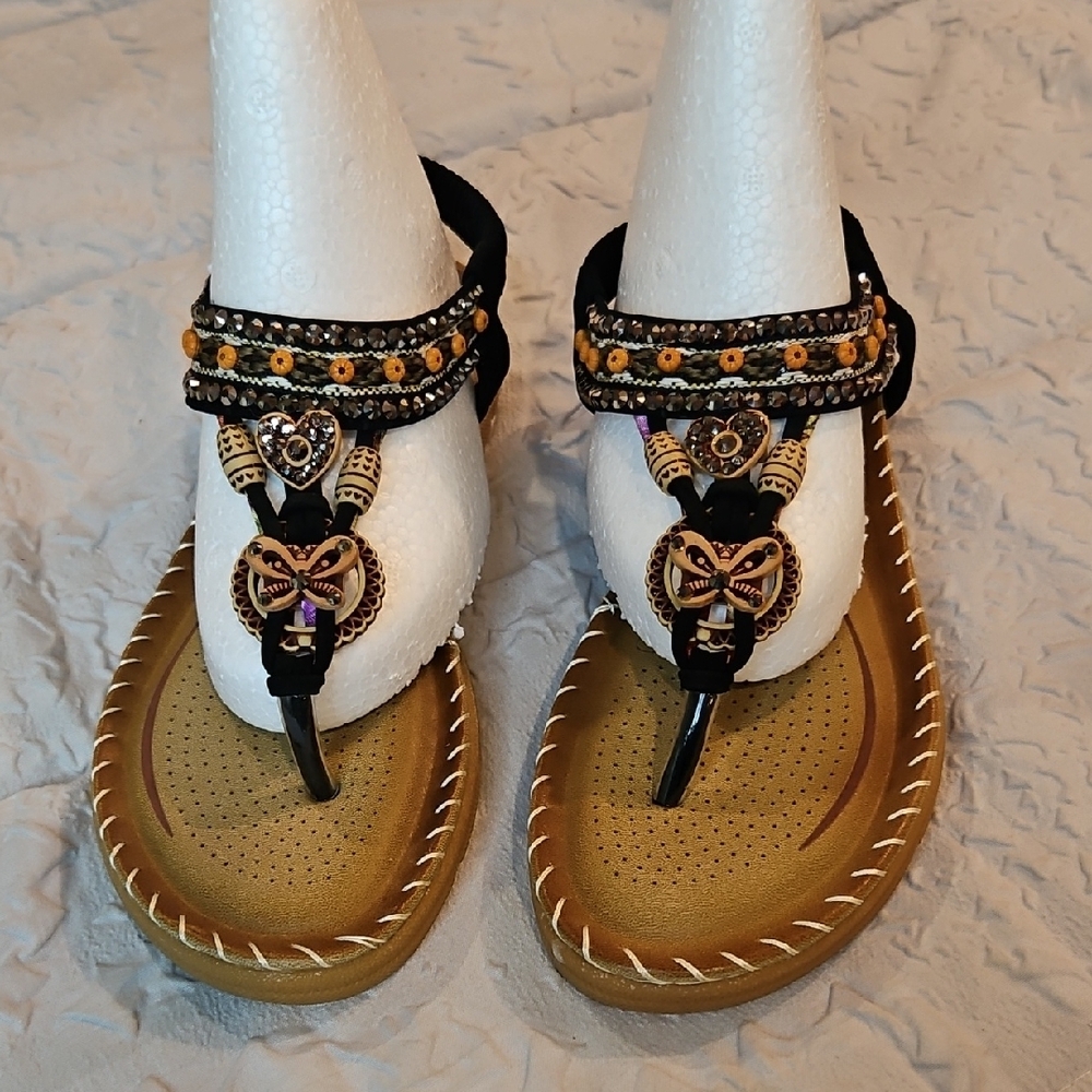 Black and Tan Bohemian Sandals with Metallic Embellishments 029